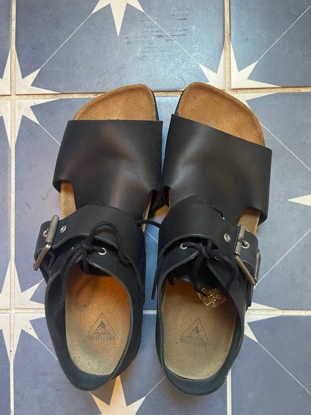 John Fluevog Black Leather Slide Buckle Sandals